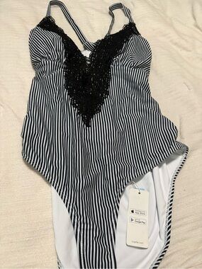 Cupshe Black & White Striped One-Piece Swimsuit with Black Lace V